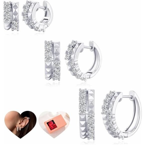 Silver Cubic Zirconia Huggie Hoop Earrings – Textured Stud & Sparkle Design - Picture 1 of 5